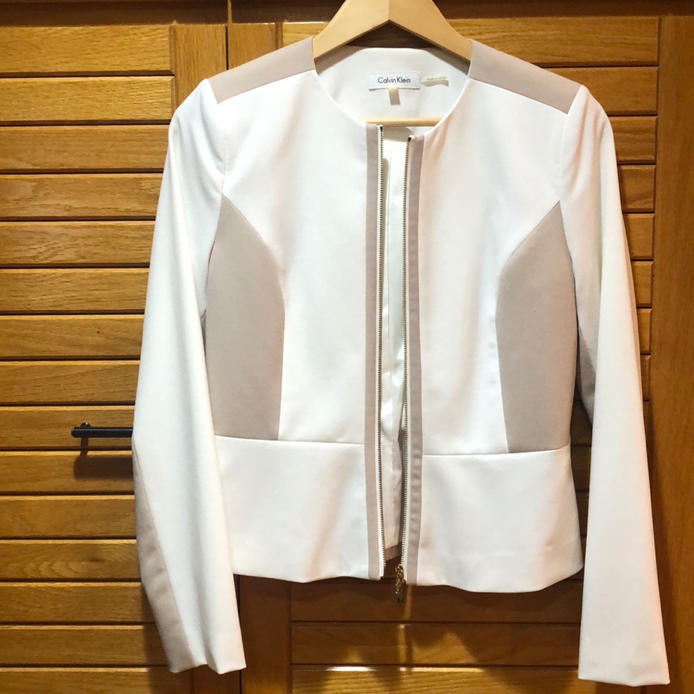 Calvin Klein White and Taupe Colorblock Zip Jacket